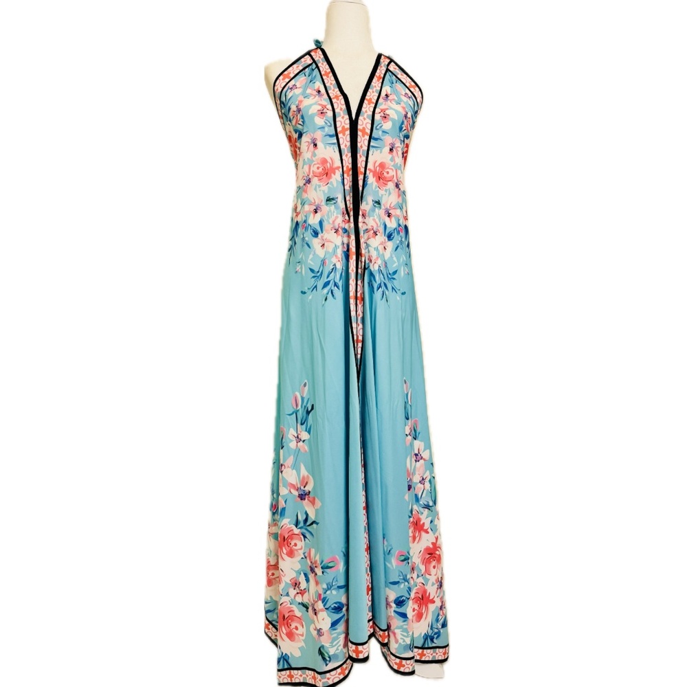 CBR Turquoise Floral Maxi Dress with Pink and Coral Accents